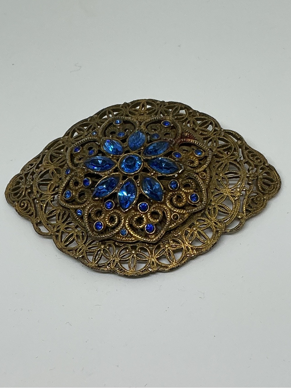 Vintage Brass Filigree & Blue Rhinestone Brooch Art Deco Czech Flower Pin